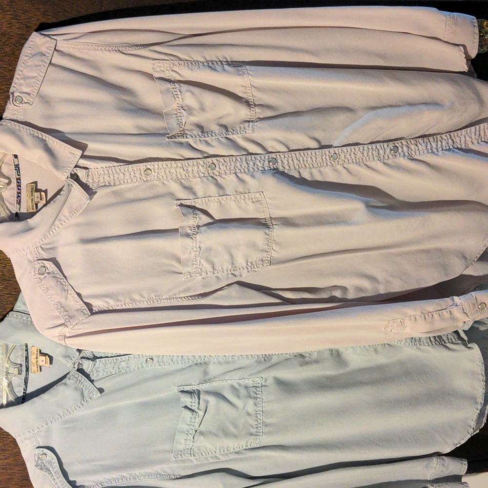 Two Anthropologie snap tunic tops M